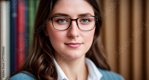 A young woman wearing glasses and standing in front of a bookshelf.