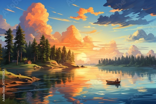The warm colors of the sunset sky and the peaceful water create a tranquil scene. A boat sits calmly in the water as the sun sets behind the trees on the shore photo