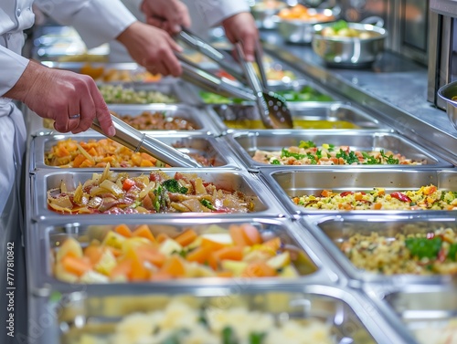 A group of people are serving food from a buffet line