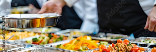 A man is serving food from a tray to a group of people