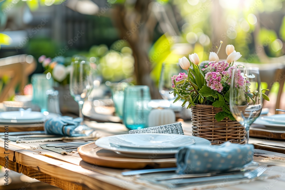 A table with a vase of flowers and a basket of napkins A table with a vase of flowers and a basket of napkins