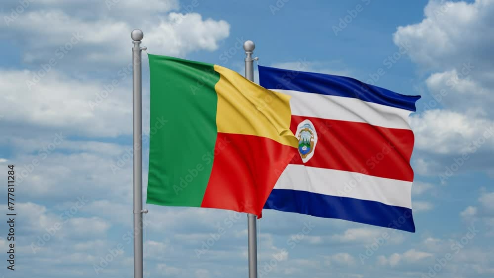 Costa Rico and Benin two flags waving together, looped video, two country cooperation concept Costa Rico and Benin two flags waving together, looped video, two country cooperation concept