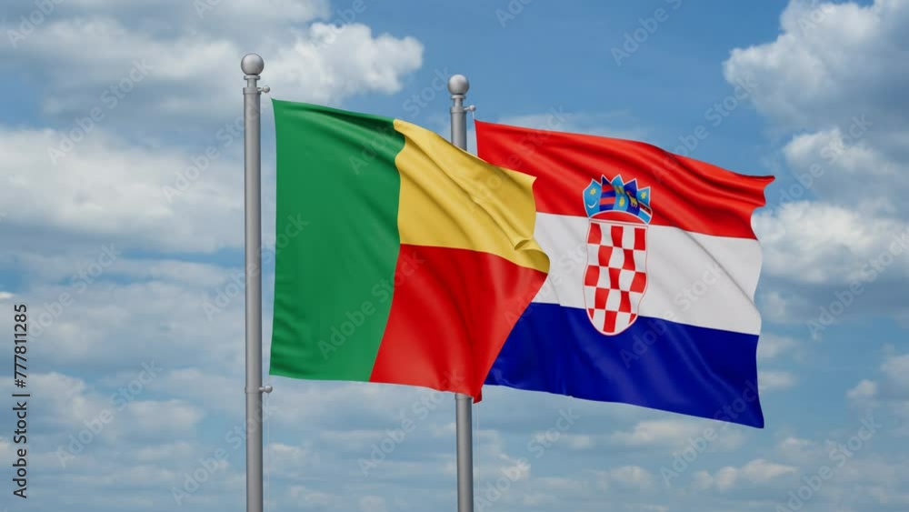 Croatia and Benin two flags waving together, looped video, two country cooperation concept Croatia and Benin two flags waving together, looped video, two country cooperation concept