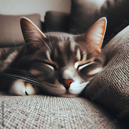 Adorable Happy Confident Contented Smart Homely Soft Fluffy Pet Cat laying on Couch Curled Up Facing the Camera Peacefully Sleepy with Eyes Closed Head Lowered Lying Relaxed at Home. Cozy Family Life