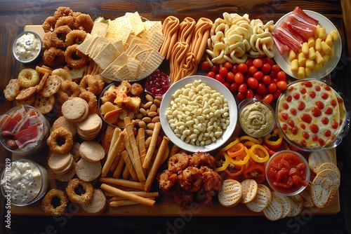 A table full of food with a variety of snacks and appetizers photo