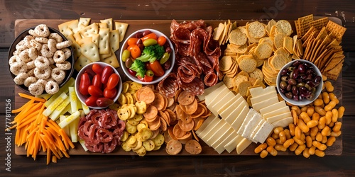 A table with a variety of snacks and appetizers, including crackers, cheese