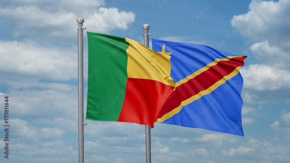 Democratic Republic of the Congo and Benin two flags waving together, looped video, two country relations concept Democratic Republic of the Congo and Benin two flags waving together, looped video, two country relations concept