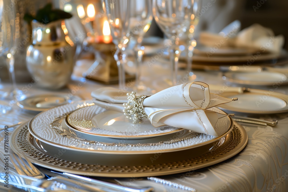 A table setting with a white napkin and a gold plate A table setting with a white napkin and a gold plate