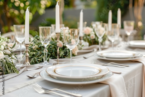 A table with a white tablecloth and a number of white plates and glasses