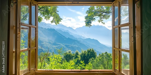 A window with a view of mountains and trees