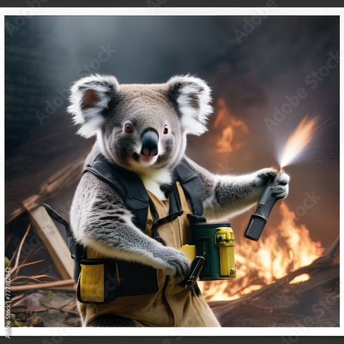 A koala wearing a firefighter helmet and putting out a fire1 photo