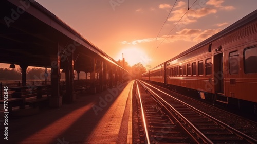 train stop at railway station with sunset AI generated