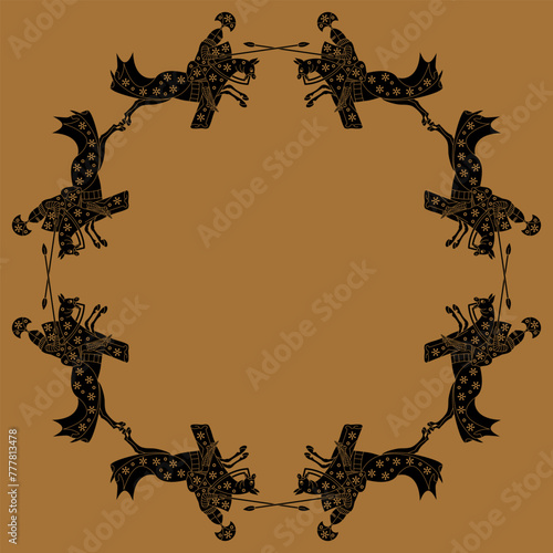 Round frame with medieval knights riding horses. Monochrome black silhouette on brown background. 