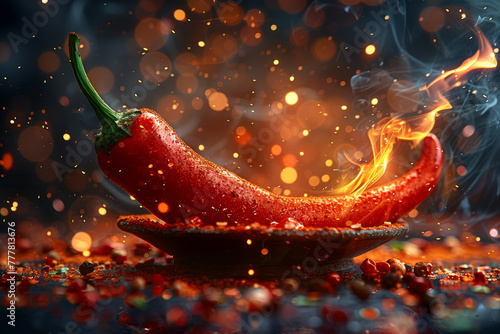 The fiery red of a chili pepper, igniting the palate with its spicy flavor and adding a burst of heat to culinary creations. Concept of culinary adventure. Generative Ai. photo