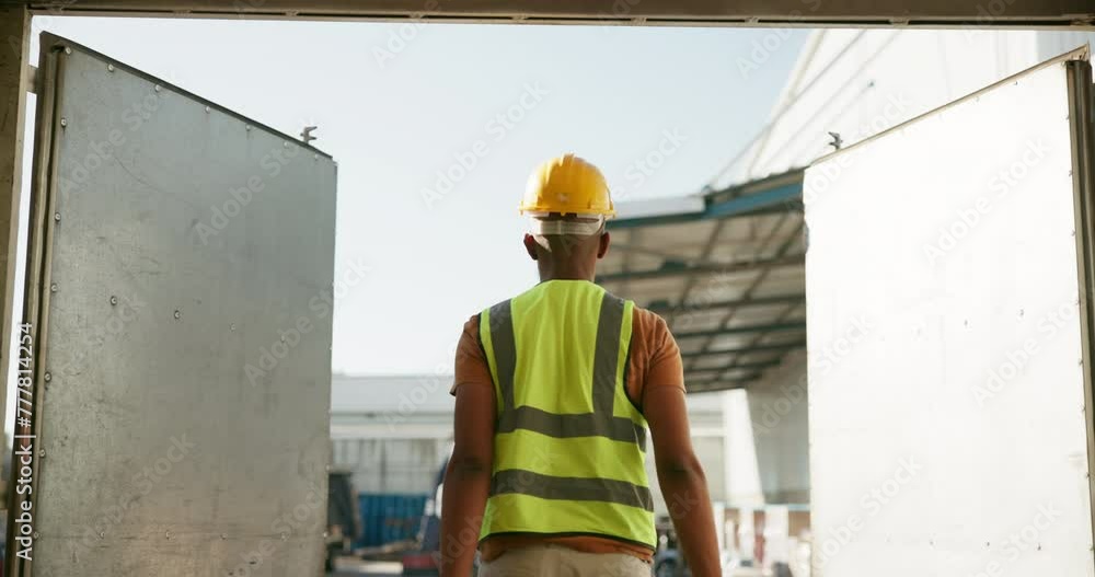 Truck driver, door and open for delivery in logistics, supply chain and distribution from warehouse. Man, worker and courier with vehicle for export, industry or transportation service in Switzerland Truck driver, door and open for delivery in logistics, supply chain and distribution from warehouse. Man, worker and courier with vehicle for export, industry or transportation service in Switzerland