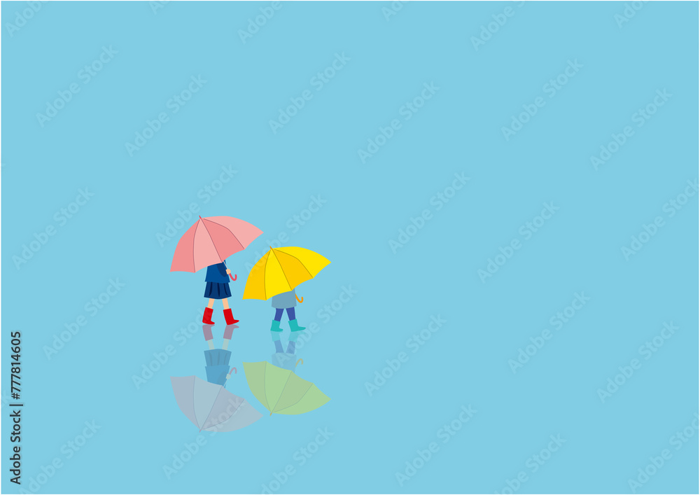 雨の中、傘をさして歩いている少女と男の子のイラスト