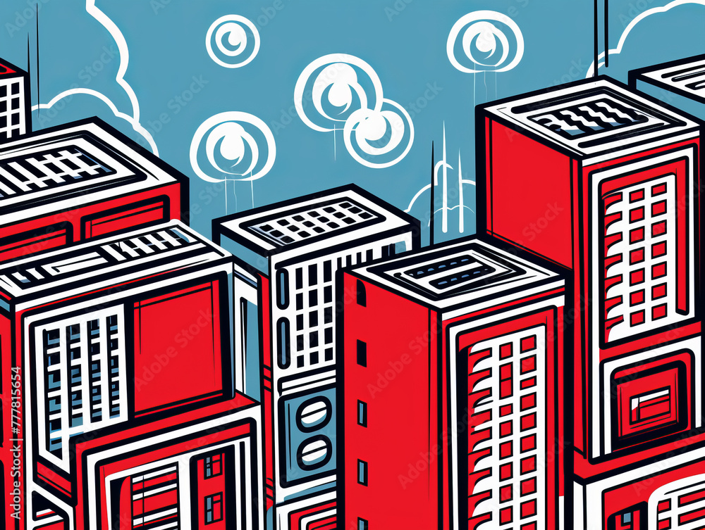 A cartoon drawing of a cityscape with red buildings and a blue sky