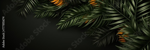 This image features an arrangement of vibrant green leaves with orange flowers against a dark background. Use it to bring a tropical feel to your designs