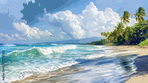 Beautiful tropical beach with nice waves for summer vacation place. AI generated image © atapdesain
