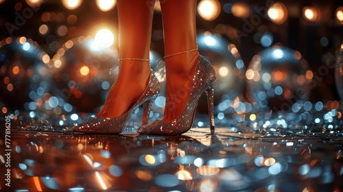 Woman's Feet in Shiny Stilettos on Glittering Disco Ball