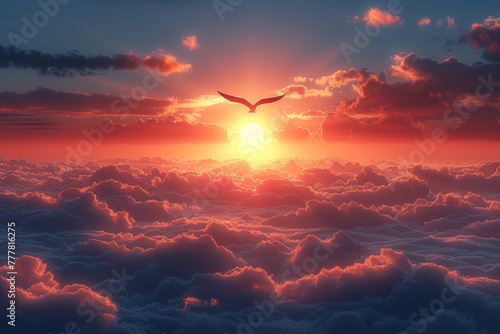 A bird soaring high above the clouds, disappearing into the distant sky. Concept of freedom and flight. Generative Ai. © Sebastian