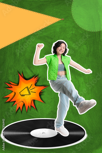 Young girl on colorful background with text bubble, dancing very happy, banner for social networks.