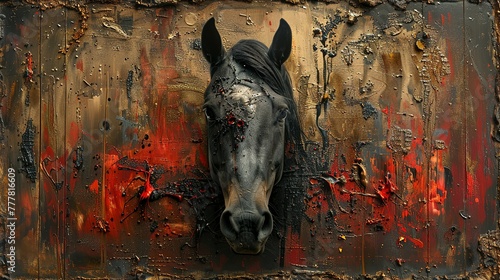 Plants, animals, horses, metal elements, texture background, modern paintings © Jennifer