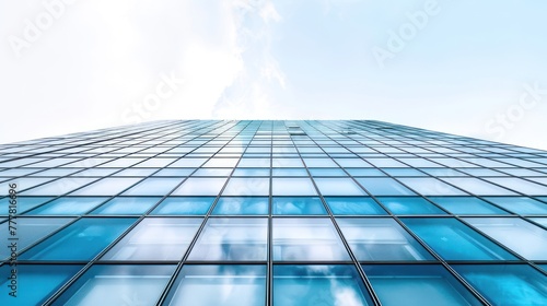 Modern blue glass wall of building skyscraper with blue sky reflection. AI generated image