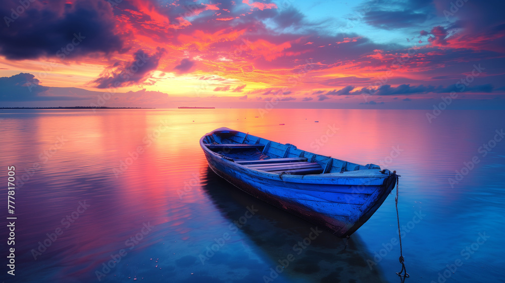 A boat is floating in the ocean with a beautiful sunset in the background. AI.