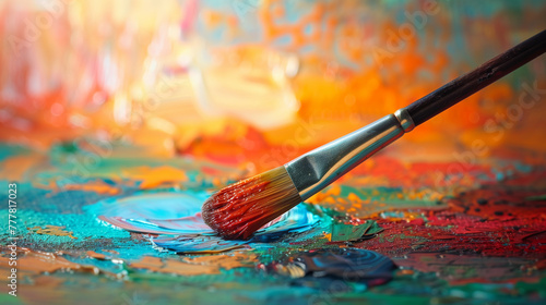 A paintbrush is dipped into a blue and orange paint. AI.