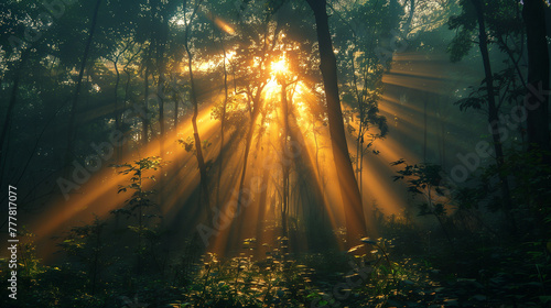 The sun is shining through the trees, casting a warm glow on the forest floor. AI.