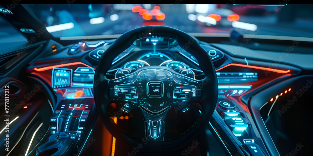 Interior of a futuristic electric car, autonomous futuristic car dashboard concept with HUD and hologram screens and infotainment system