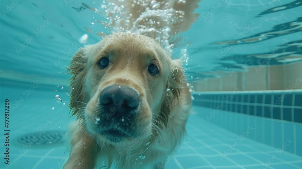 Portrait underwater of golden retriever dog swim at water of swimming ...