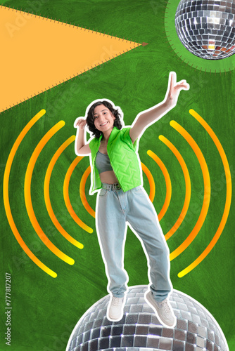 Young girl on colorful background with text bubble, dancing very happy, banner for social networks.