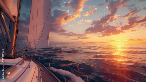 Sailboat deck view at sailing on large open sea at sunset scene background. AI generated image
