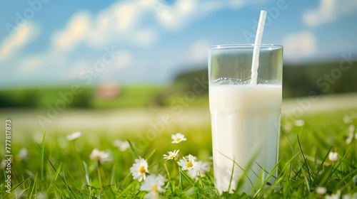 A glass of milk is sitting on a grassy field with a straw in it. The scene is peaceful and serene, with the sun shining down on the grass and flowers