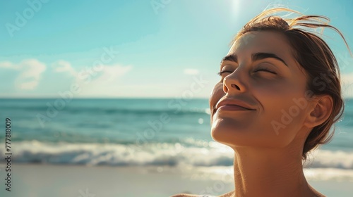 Portrait happy smiling caucasian woman enjoying sunny beach at summer holiday. AI generated