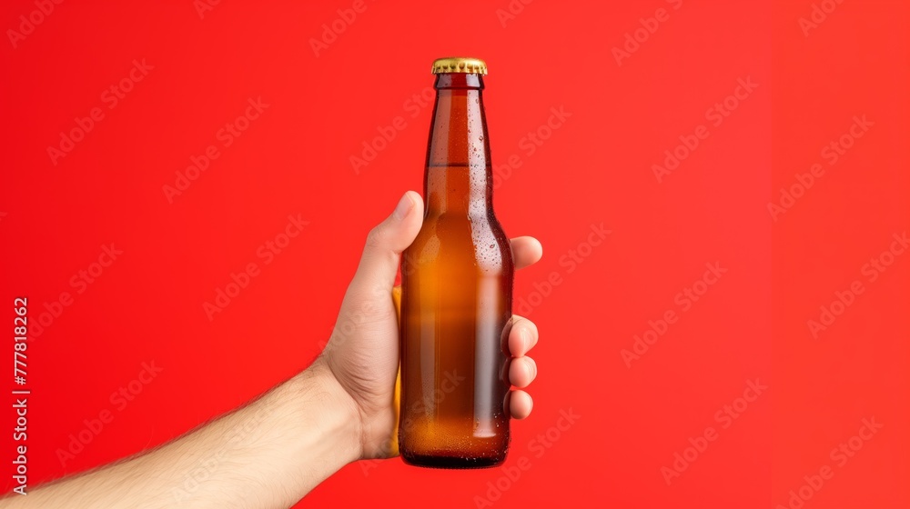 Hand holding a brown bottle of beer against bright red background. Hand holding a brown bottle of beer against bright red background.