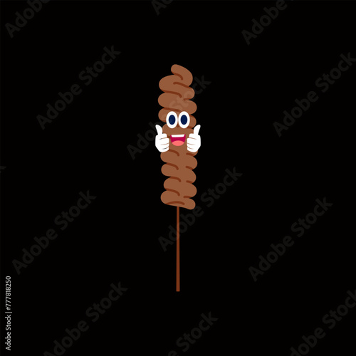 Satay cartoon, digital art illustration. Indonesian food: chicken satay, rolled egg satay/skewered egg rolls, and intestine satay.