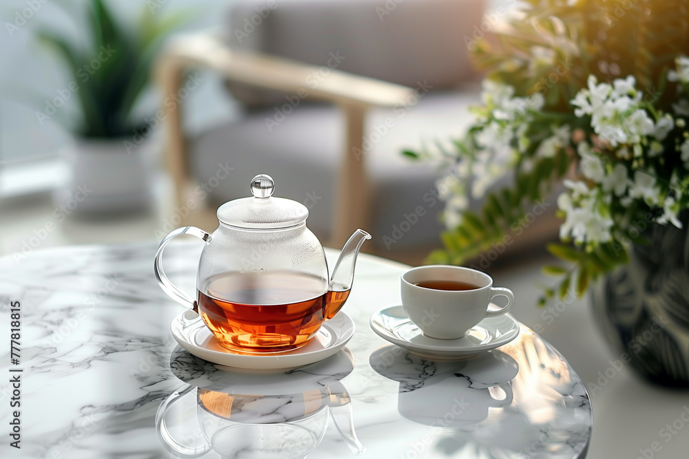 Glass teapot andf cup of tea on marble table. Glass teapot andf cup of tea on marble table.