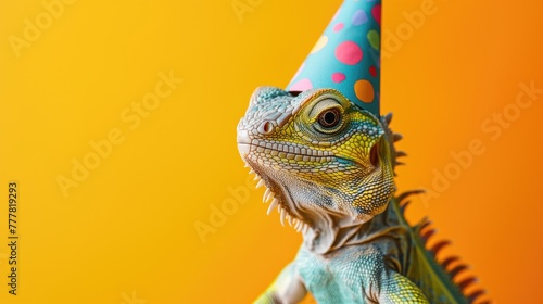 Happy Birthday Pet Lizard Portrait, Reptile Animal Greeting Card Design, Holiday New Years Celebration Concept, Marketing Backdrop, Color Background, Veterinarian Wallpaper with Copy Space for Text photo