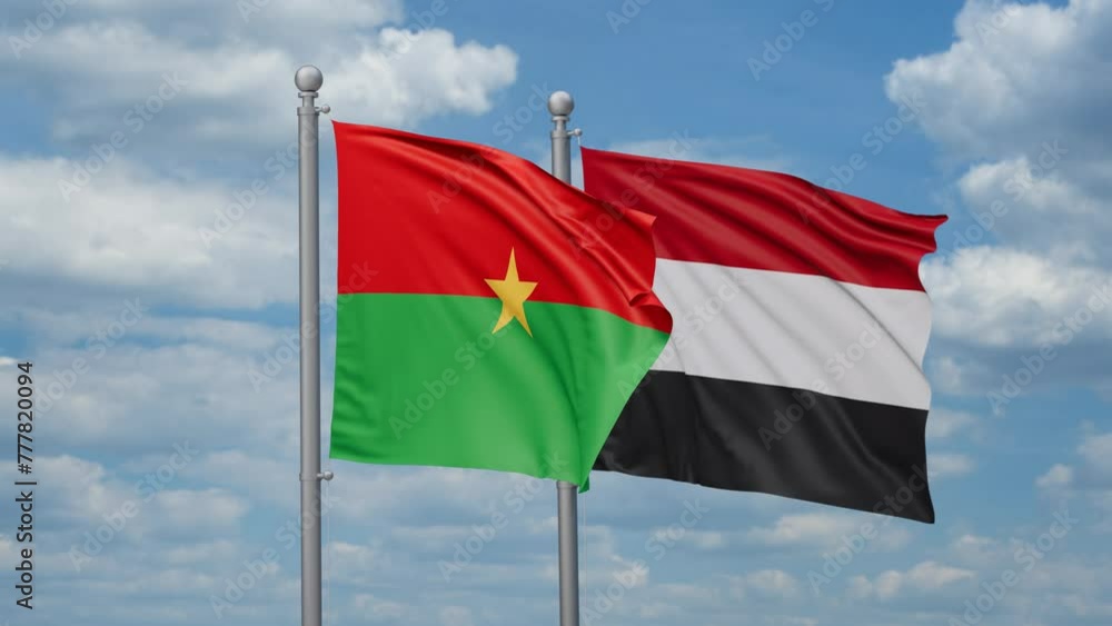 Yemen and Burkina Faso two flags waving together, looped video, two country cooperation concept Yemen and Burkina Faso two flags waving together, looped video, two country cooperation concept