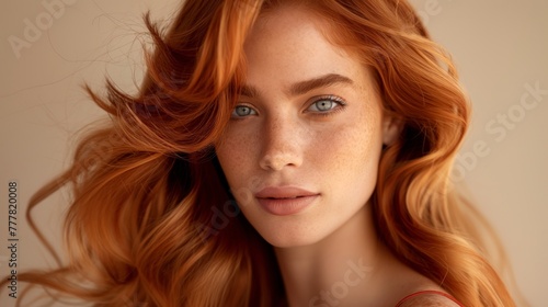 Close up shot of young woman with long copper colored hair.