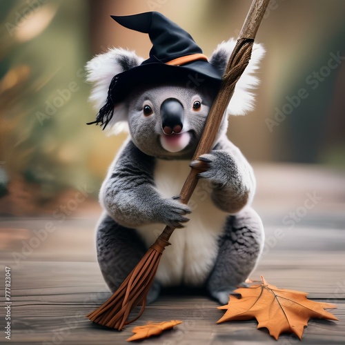 A koala wearing a witch hat and holding a broomstick for Halloween1 photo
