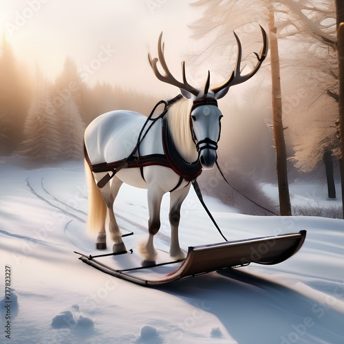 A horse wearing reindeer antlers and pulling a sleigh in the snow3