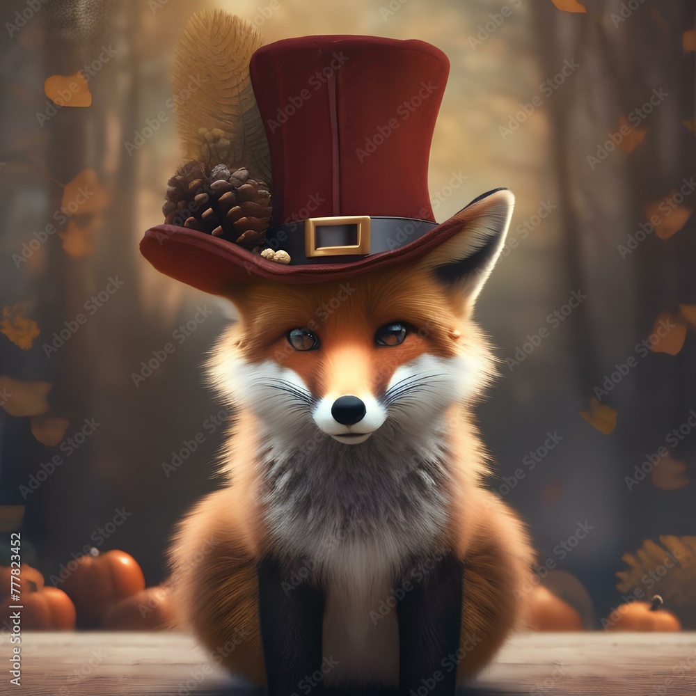 A fox wearing a pilgrim hat and holding a Thanksgiving turkey2 - obrazy, fototapety, plakaty 