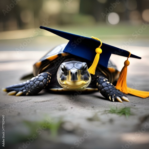 A turtle wearing a graduation cap and holding a diploma1 photo