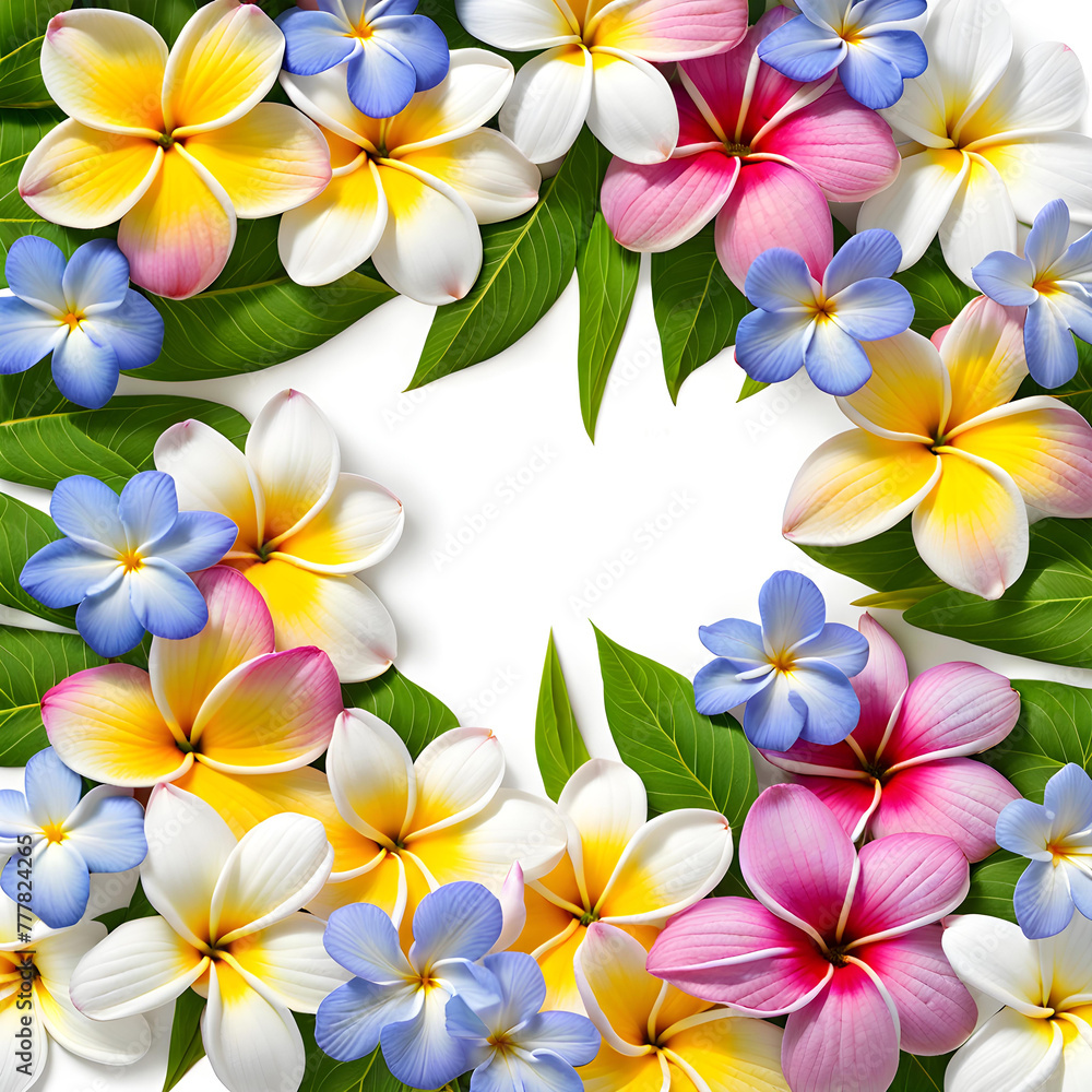 Square close-up image wide frame of natural plumeria daisy cosmos and periwinkle flowers Square close-up image wide frame of natural plumeria daisy cosmos and periwinkle flowers