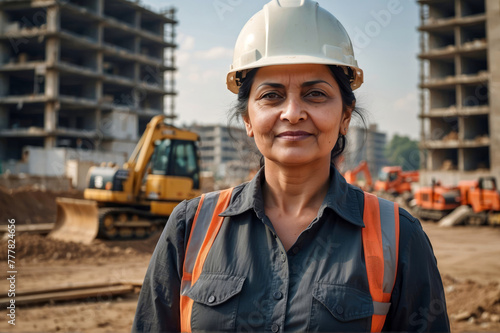 Portrait of elderly Indian female engineer or supervisor at construction site, standing and looking at the camera, aged woman who is a professional builder is working on city project, copy space © Eduardo Accorinti