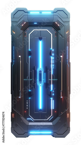 Fototapeta Naklejka Na Ścianę i Meble -  futuristic spaceship metal doors on glowing blue neon background